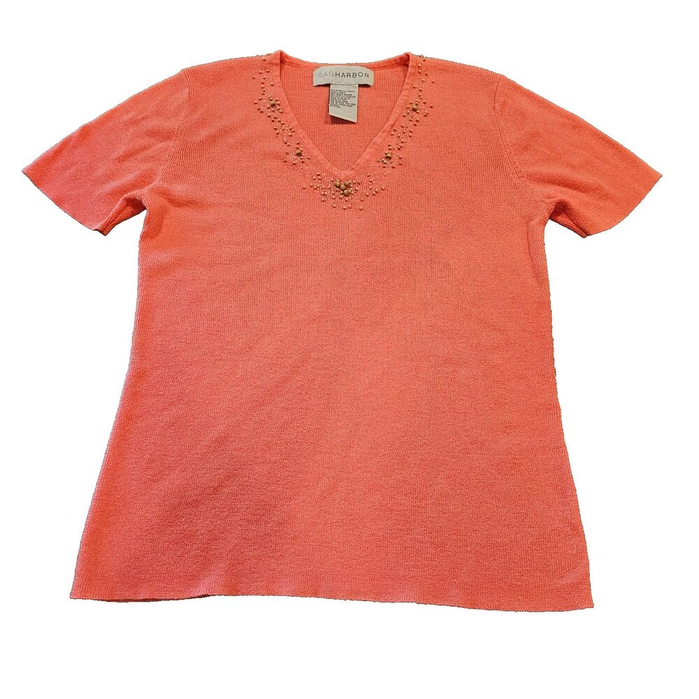 vintage beaded knit top coral island style v neck resortwear tee size S